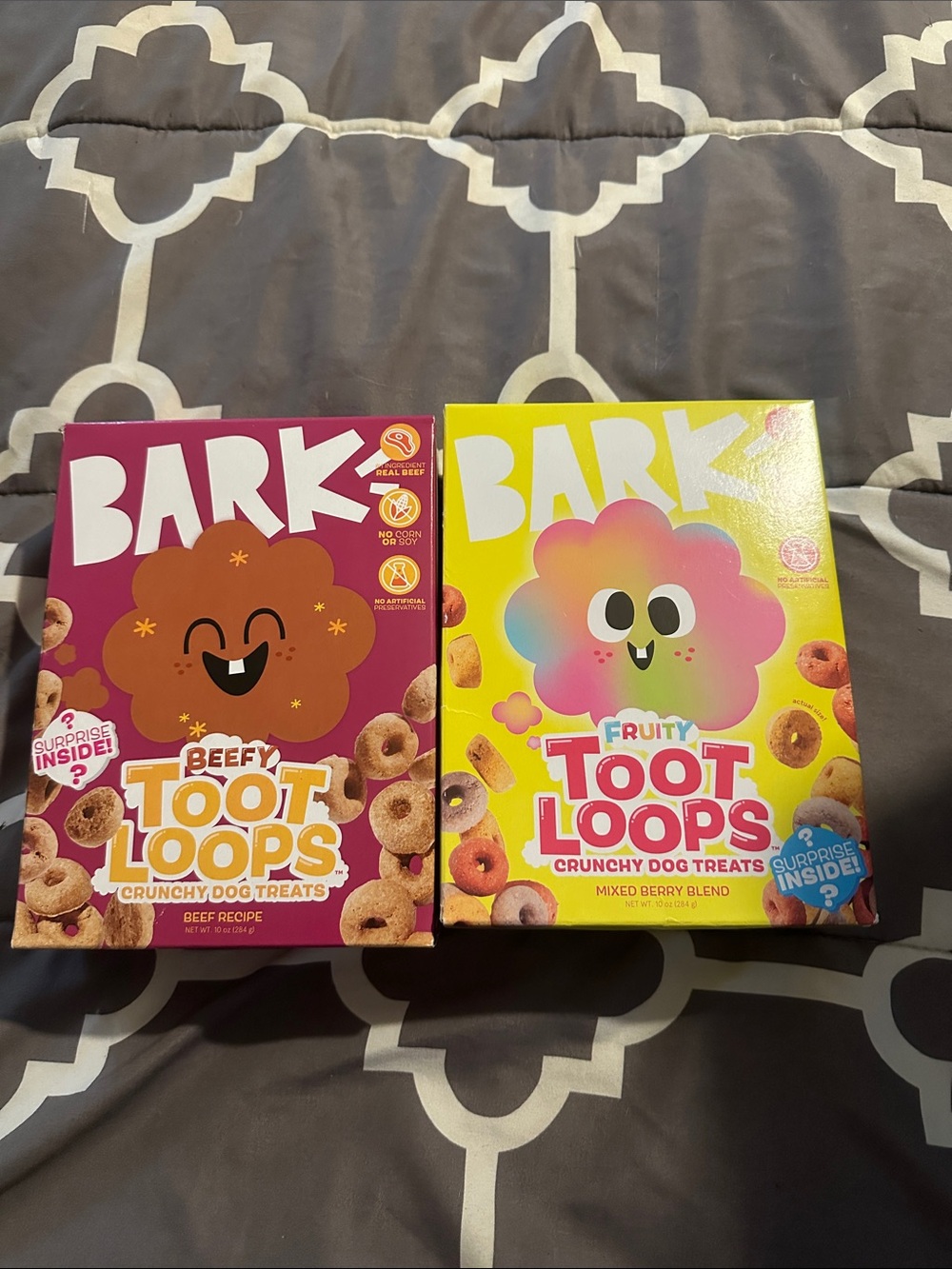BARK Fruity (Yellow/Pink) & Beefy (Magenta/Brown) Toot Loops Crunchy Dog Treats